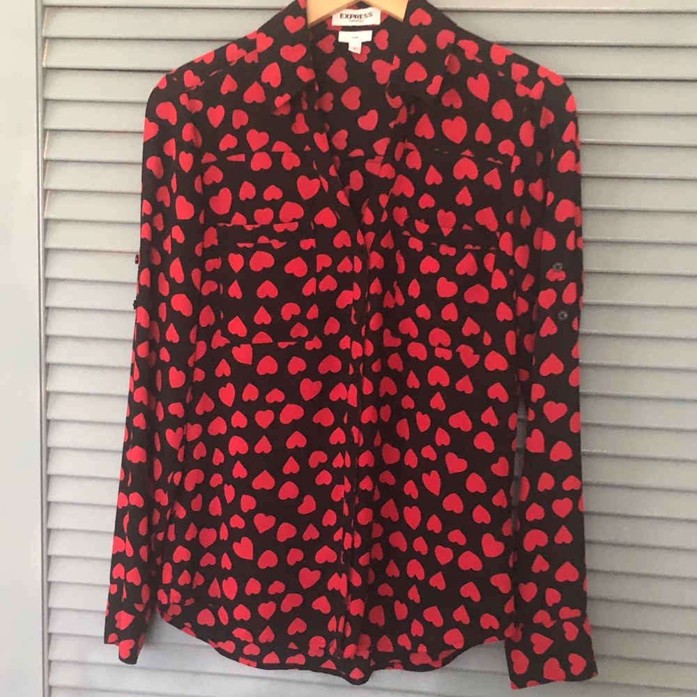Express Black Shirt with Red Heart Print Button-Down